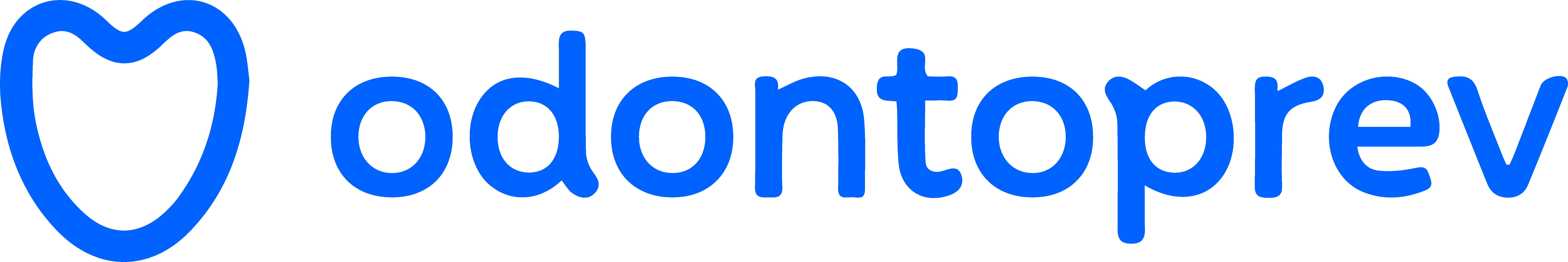 Logotipo da Odontoprev: contorno de um coração em azul ao lado esquerdo do nome da empresa escrito em minúsculo numa fonte característica também em azul e sem fundo.